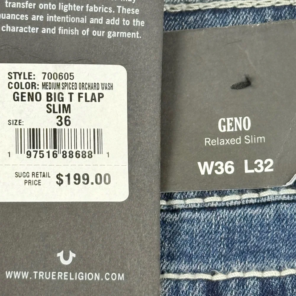 True Religion Men's Geno Big T Flap Slim Stretch Blue Denim Jeans 36x32 NWT $199